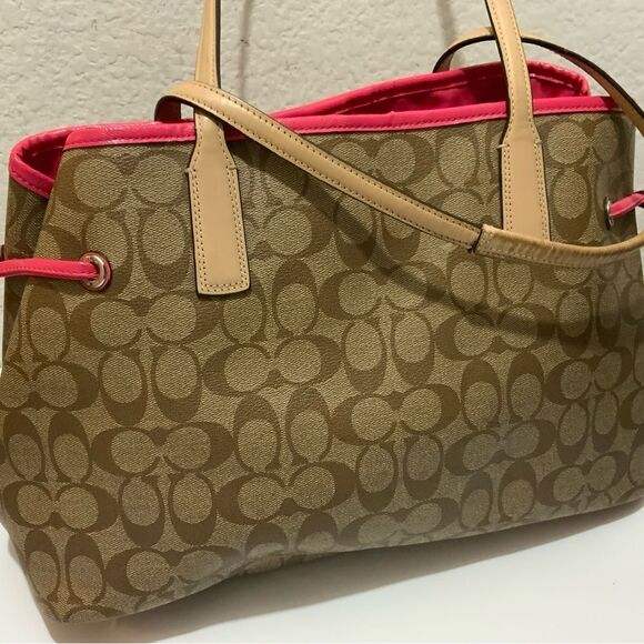 Coach Signature Bag F29084 Carryall Large Tote Drawstring Khaki Pomegranate Brow - Picture 6 of 14